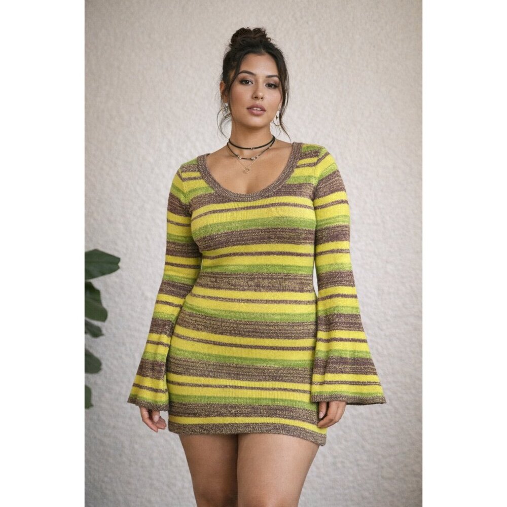 NWT Y2K Striped Knit Sweater Dress Bell Sleeve Lace Up Back L